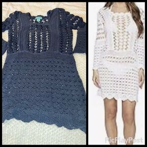 Letarte Navy Crochet Long Sleeve dress Beach Luxe, Boho Glam, Resort-Ready XS